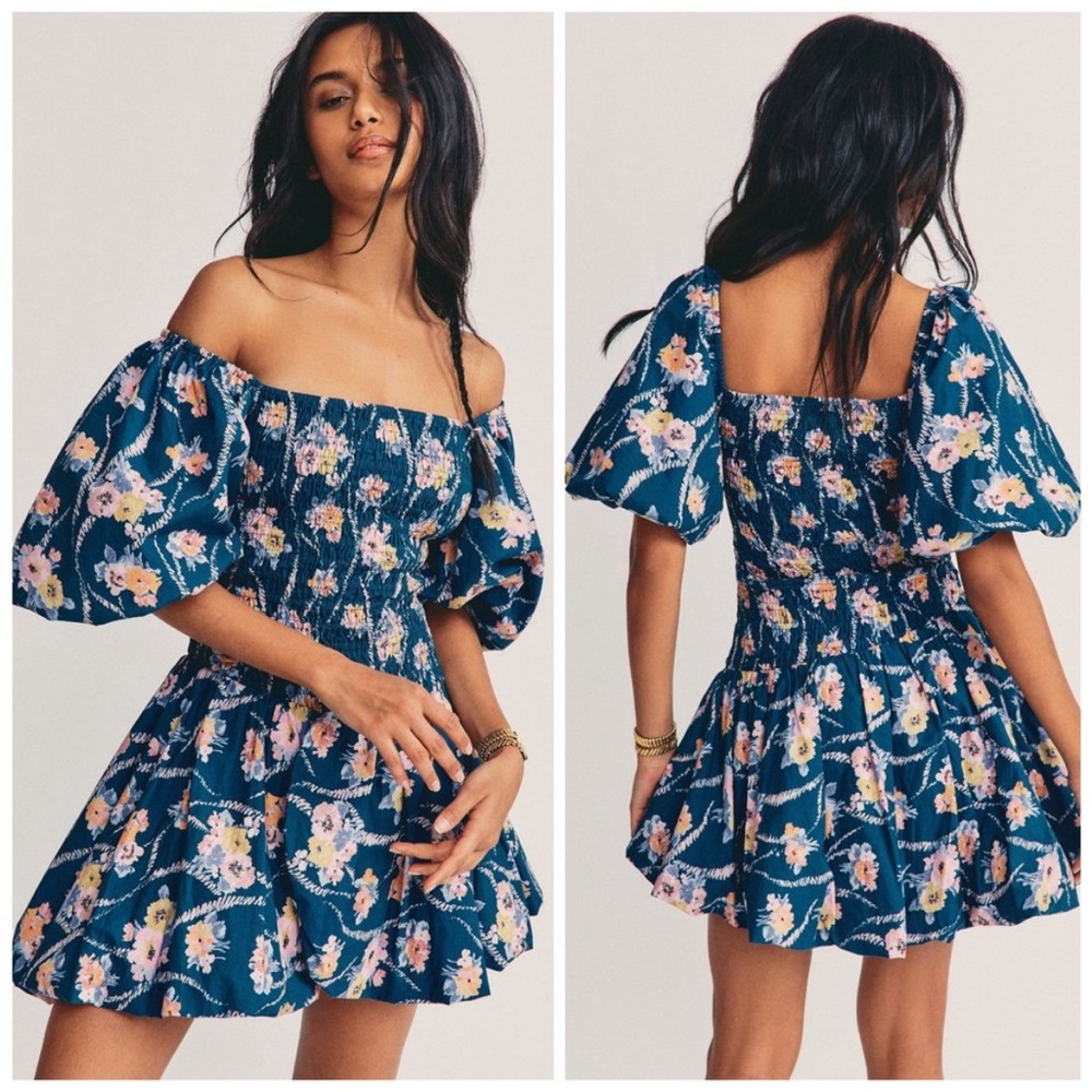 Loveshackfancy Asa smocked puff mini dress off and on shoulder square neck